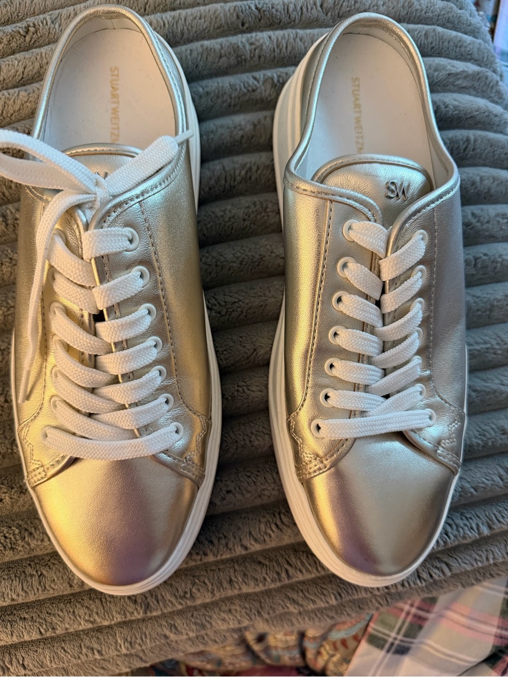 Stuart Weitzman Metallic Silver Leather Platform Sneakers Size 9